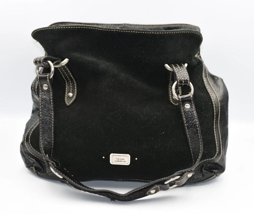 The Sak Black Suede & Patent Leather Satchel Medium Hobo Handbag